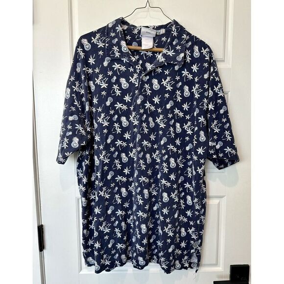 Disney Other - Disneyland Resort Polo Hawaiian Allover Print SS‎ Navy Men's L Mickey Pineapples